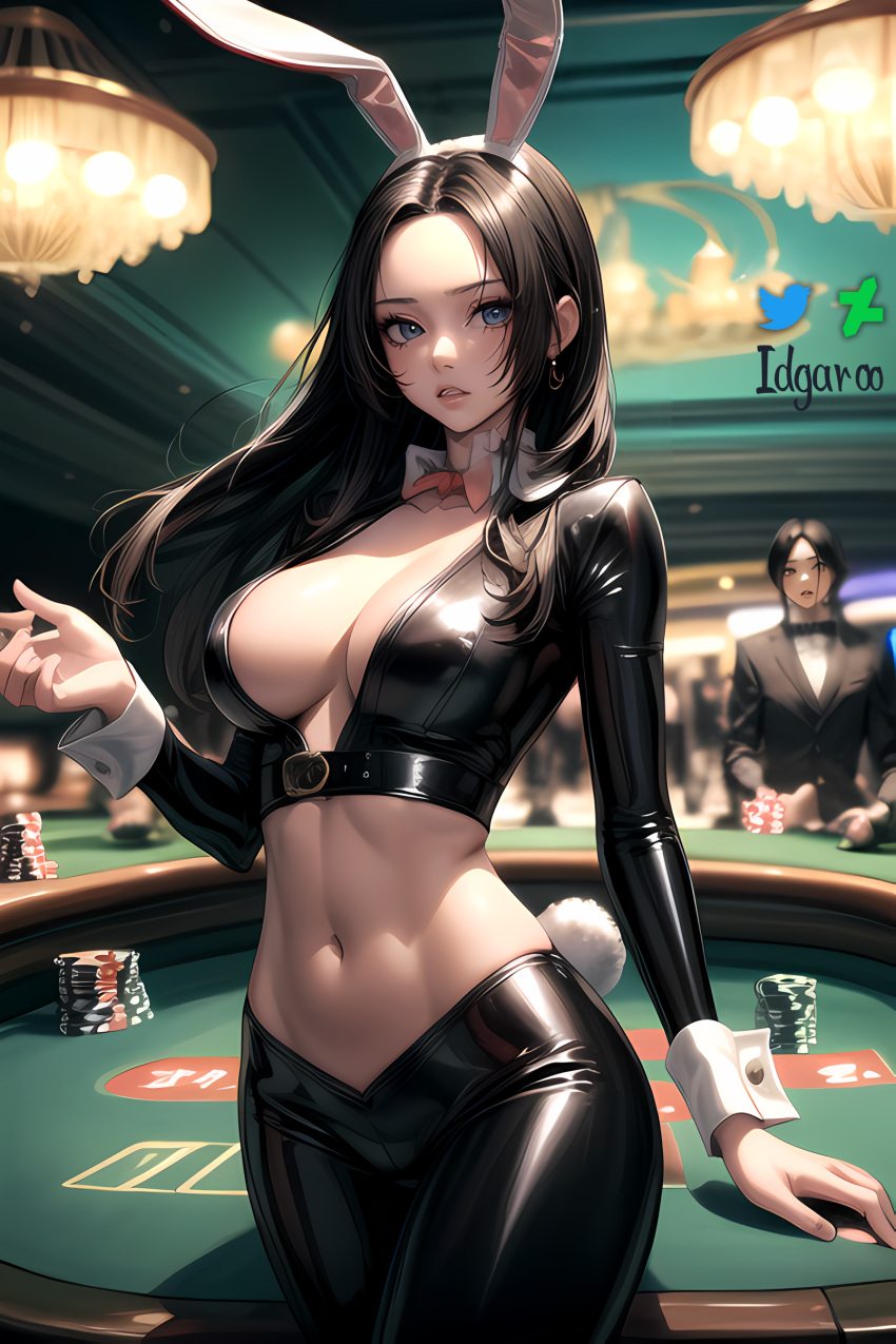 absurd_res ai_generated black_hair boa_hancock breasts bunny_costume bunny_ears bunny_tail casino female female_only hi_res idgaroo latex long_hair midriff one_piece stable_diffusion