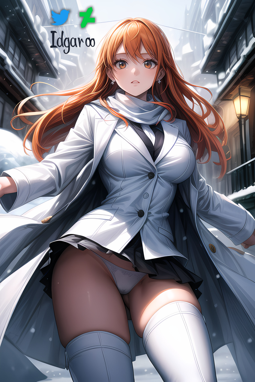 absurd_res ai_generated black_skirt city coat female female_only hi_res idgaroo long_boots long_hair nami nami_(one_piece) one_piece orange_eyes orange_hair panties post-timeskip snow stable_diffusion upskirt white_panties white_shirt winter