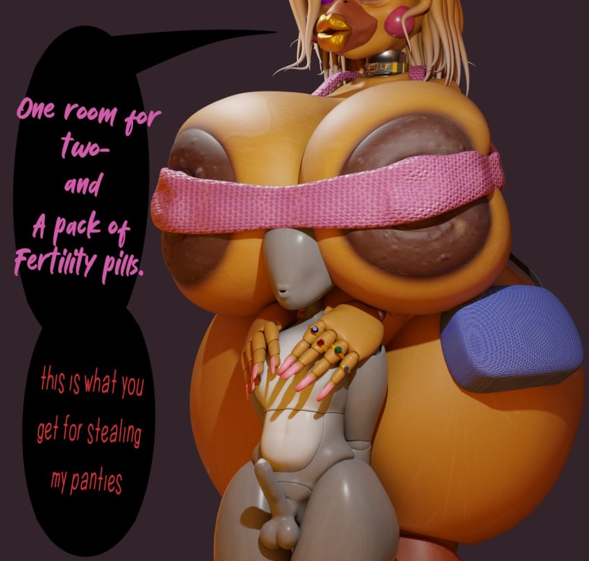 1girls 3d 3d_(artwork) animatronic anonymous_character areolae areolae_slip barely_contained big_areola big_breasts big_lips big_nipples big_thighs bimbo blonde_hair_female brown_areola collar curvaceous curvy_female eyes_out_of_frame five_nights_at_freddy's five_nights_at_freddy's_2 gilf gilf_toy_chica golden_lipstick handbag hands_on_shoulders huge_breasts hyper_bimbo imminent_impregnation imminent_sex jewelry large_areolae lipstick nipples_visible_through_clothing questionable_consent rckke ring_(jewelry) rings size_difference smothering standing straight thick_lips thick_thighs toy_chica_(fnaf) yellow_skin