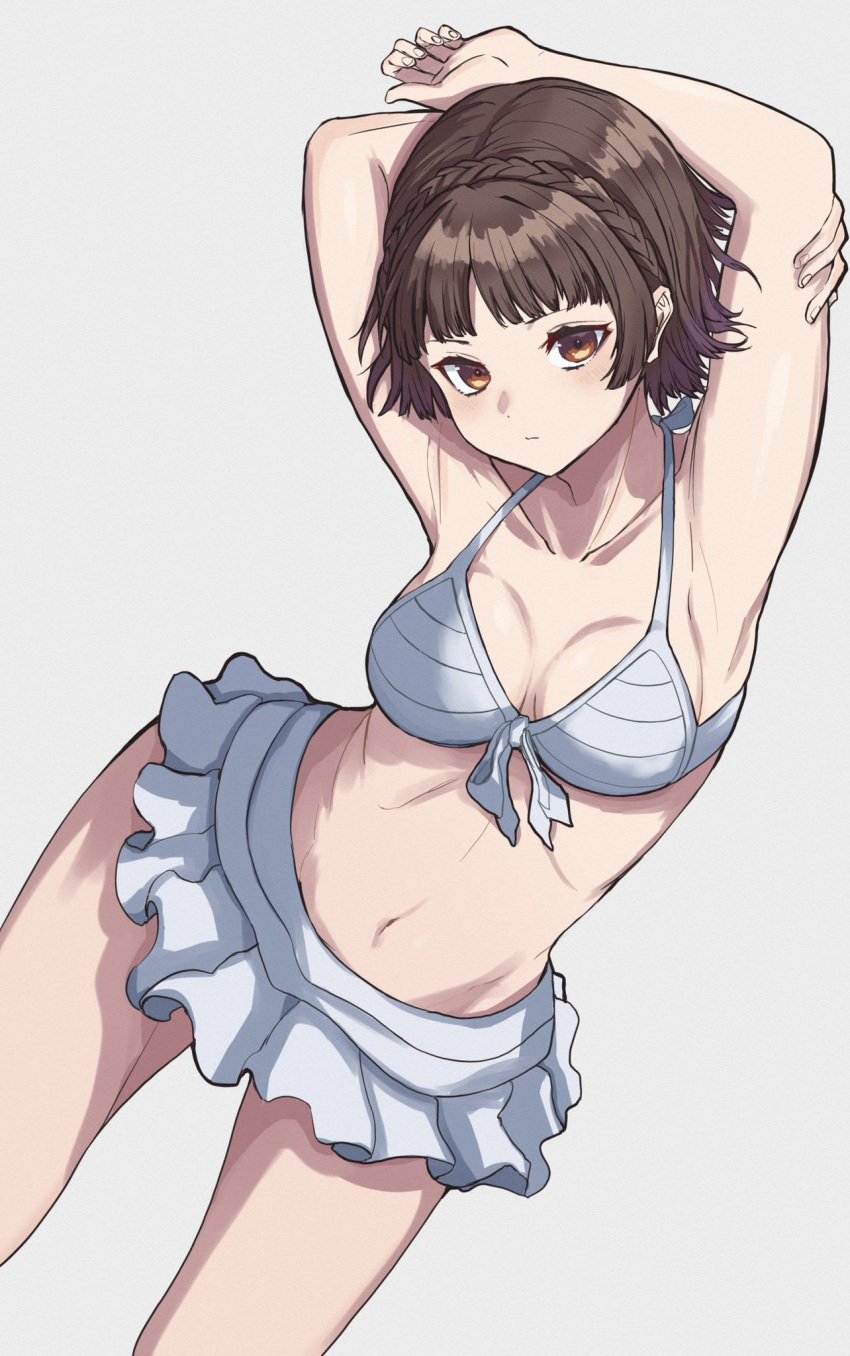 1girls arms_up bikini bikini_skirt breasts brown_hair crown_braid front-tie_bikini looking_at_viewer makoto_niijima medium_breasts midriff navel persona persona_5 red_eyes s-m-53413 short_hair swimsuit swimsuit_skirt white_bikini white_swimsuit