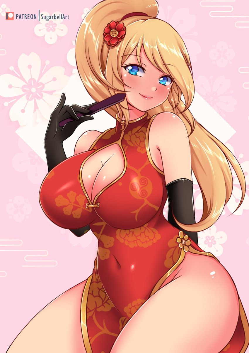 1girls bare_legs bare_thighs blonde_hair blue_eyes breasts china_dress curvy dress elbow_gloves floral_print gloves hair_flower hand_fan holding_fan large_breasts looking_at_viewer metroid navel nintendo no_panties ponytail red_dress samus_aran sugarbell thick_thighs