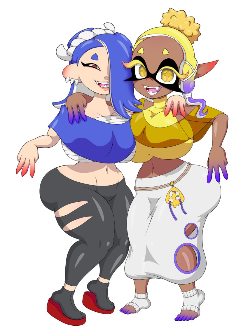 2girls alternate_breast_size areolae ass_window barefoot big_ass big_breasts boob_window breast_to_breast breasts clothed dark-skinned_female dark_skin deep_cut_(splatoon) female female_only frye_(splatoon) full_body huge_ass huge_breasts light-skinned_female light_skin looking_at_viewer multiple_girls nintendo nipples no_bra no_underwear nude_female open_mouth open_smile shiver_(splatoon) side_hug sideboob smile splatoon splatoon_3 thegeckodemon thegeckoninja w