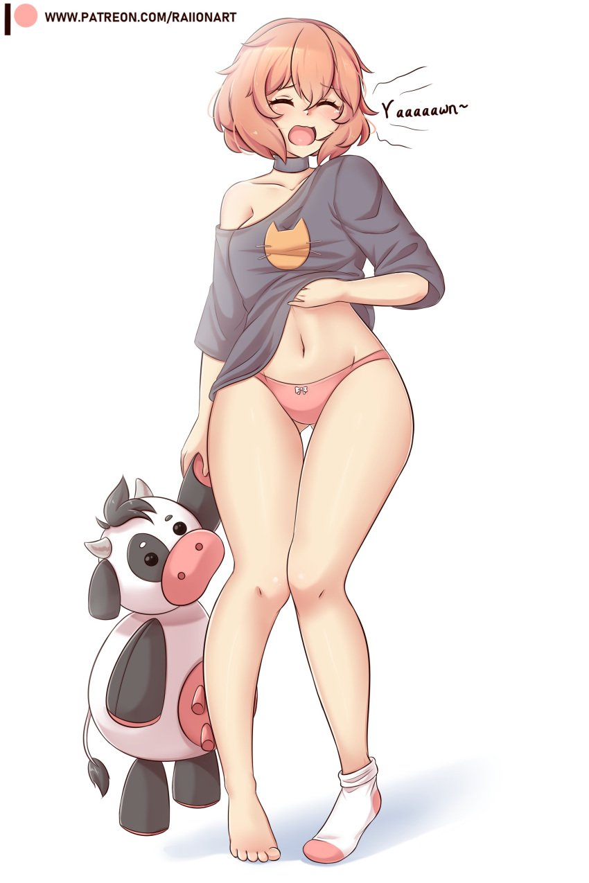 1girls 5_toes adorable ass_visible_through_thighs background bare_legs barefoot belly belly_button bow bow_panties brown_hair collar cow_plush cute doki_doki_literature_club feet female just_sayori mouth_open mr._cow_(doki_doki_literature_club) navel neckwear open_mouth pajamas panties pants_removed pantsless patreon_url patreon_username plush plushie puppet raionart sayori_(doki_doki_literature_club) shirt shirt_lift short_hair simple_background sleepy sock socks socks_removed solo thigh_gap thighs underwear url white_background wholesome yawn yawning