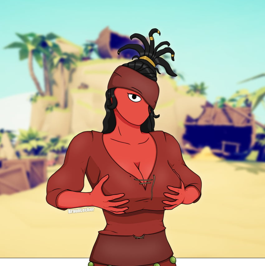 2d 2d_(artwork) big_breasts black_hair breasts cleavage female female_only holding_breast looking_at_viewer mouthless moyachnik one_eye pirate pirate_queen red_clothes red_skin solo solo_female tagme totally_accurate_battle_simulator