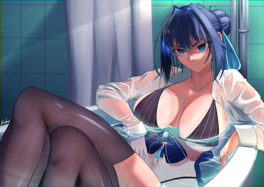 1girls bathtub big_breasts blue_eyes blue_hair breasts clothed clothed_female female female_focus female_only hololive hololive_english hololive_english_-council- hololive_english_-promise- light-skinned_female light_skin midriff ouro_kronii sitting_in_bathtub sokathebaka solo solo_female solo_focus virtual_youtuber wet wet_body