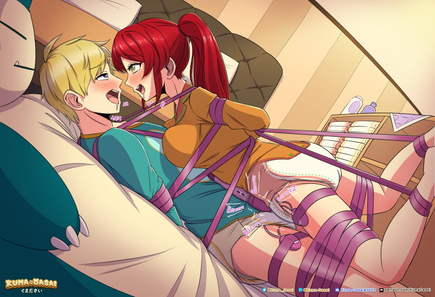 1boy 1boy1girl 1girls abdl arms_behind_back blonde_hair blue_eyes bondage bound_together cumming_together diaper diaper_fetish diapered_lovers duo female femsub green_eyes jaune_arc lovers male male_and_female_subs malesub multiple_subs onesie pyrrha_nikos red_hair restrained rwby soft_bondage straight vibrator vibrator_in_diaper vibrator_on_diaper