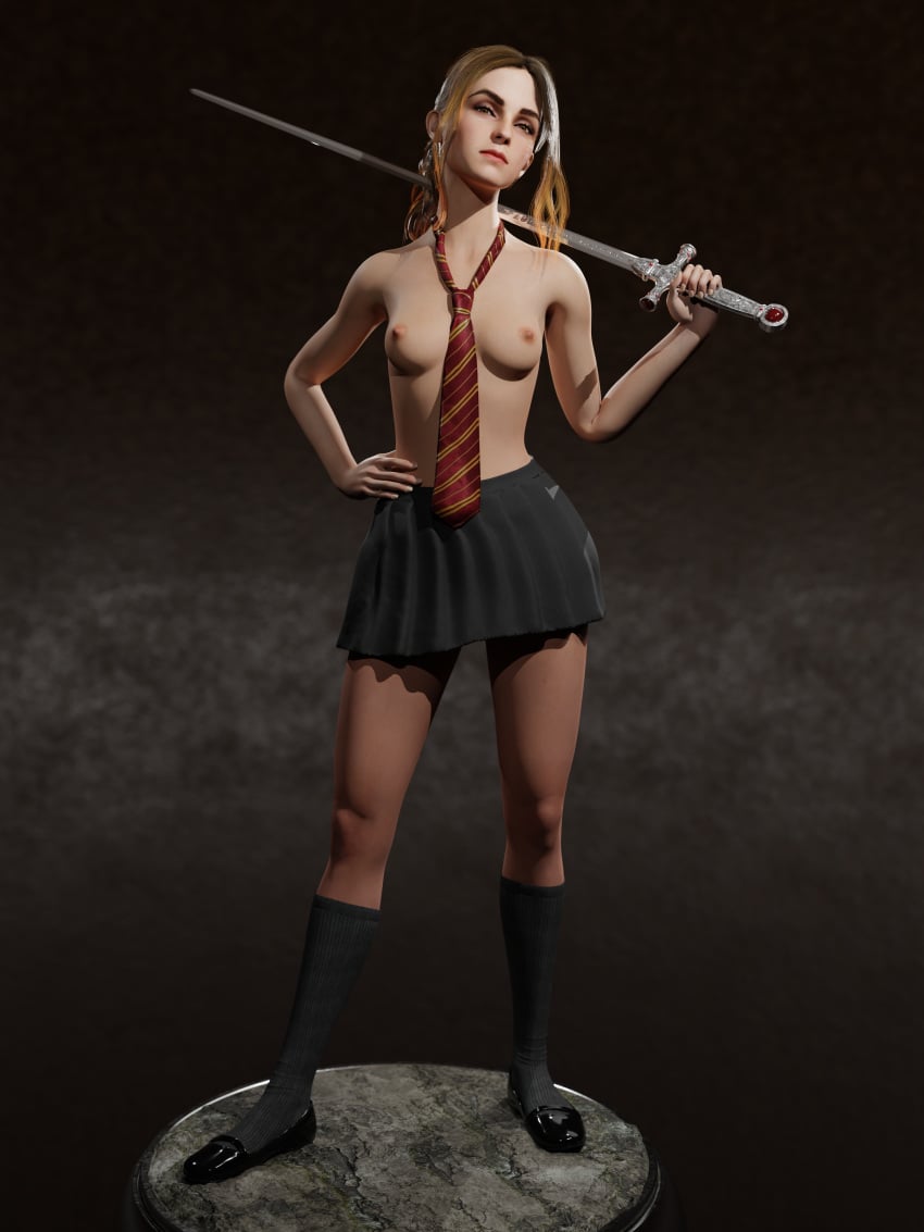 1girls 3d armpits bare_breasts bare_shoulders black_kneehighs black_skirt breasts celebrity emma_watson gryffindor gryffindor_tie harry_potter hermione_granger hogwarts_school_uniform hogwarts_student kneehighs looking_at_viewer necktie necktie_between_breasts real_person school_uniform schoolgirl shoes short_skirt skirt slender_legs slim_torso small_breasts socks solo sword teenage_girl teenager thighs topless topless_female unveilingavidity witch