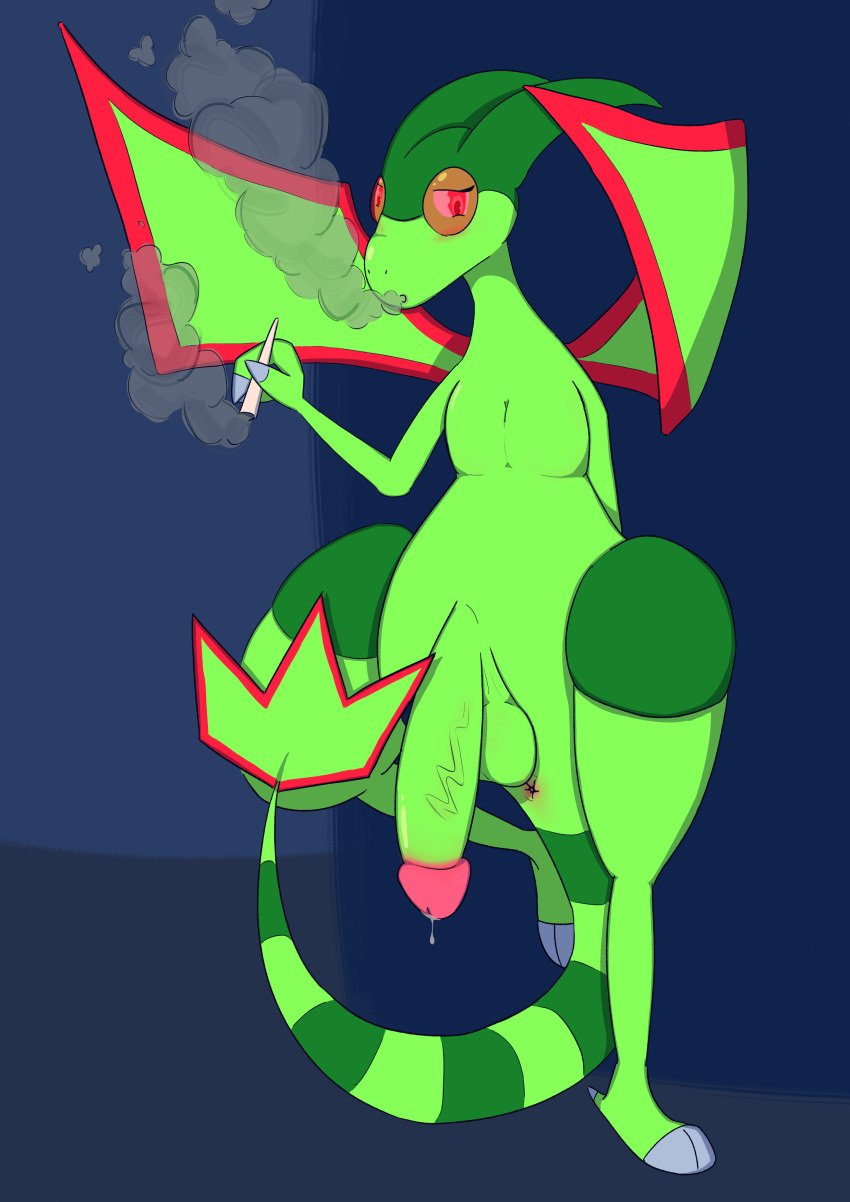 big_balls big_penis big_thighs femboy flygon jonbies leaning_against_wall no_humans pokemon pokemon_(species) smoke smoking weed