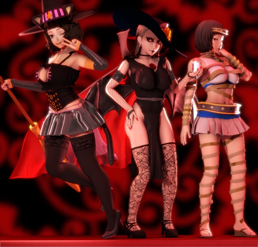 3d broom cat_ears cat_tail catgirl dress elegant_dress gunchapred halloween halloween_costume mummy mummy_costume mummy_wrappings nylons ohya_ichiko pattern_stockings persona persona_5 reds_light_district sadayo_kawakami sae_niijima source_filmmaker tagme thighhighs vampire vampire_girl wine_glass witch witch_hat