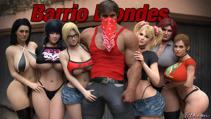 1boy 3d 6girls bandana beaned big_breasts black_hair blonde_hair blonde_hair_female breasts bronzed brown_hair crossover dead_or_alive ellie_(the_last_of_us) ellie_williams female glasses helena_douglas interracial juliet_starling latino latino_male latino_male_asian_female latino_male_white_female lineup lollipop_chainsaw long_hair looking_at_viewer male mass_effect miranda_lawson muscular muscular_male nyotengu otacon212 panties pimping red_bandana red_eyes red_hair short_shorts spiced straight submissive_female the_last_of_us the_last_of_us_2 the_witcher_(series) thong triss_merigold twintails unseen_male_face whale_tail