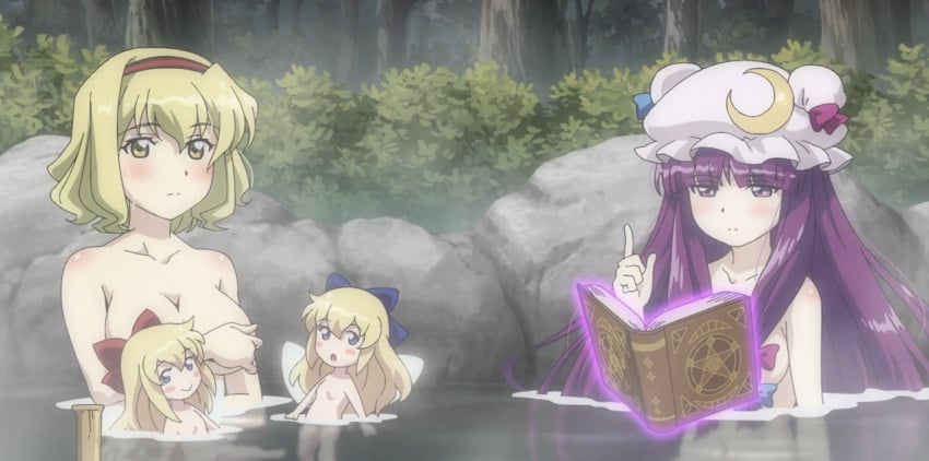 4girls alice_margatroid blonde_hair covering_breasts hairband hourai_doll large_breasts lunamoon manpuku_jinja multiple_girls nude onsen patchouli_knowledge purple_eyes purple_hair reading screencap shanghai_doll tagme the_memories_of_phantasm touhou yellow_eyes