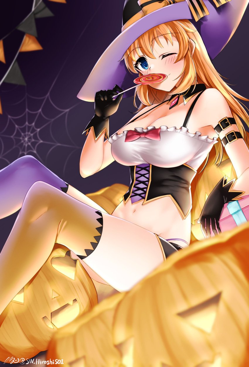 black_gloves blue_eyes blush breasts brown_hair candy charlotte_e_yeager cleavage female female_only food gloves groin halloween hat hiroshi_(hunter-of-kct) jack-o'-lantern large_breasts lollipop long_hair looking_at_viewer navel one_eye_closed orange_thighhighs pumpkin silk sitting smile solo solo_female spider_web strike_witches thighhighs witch witch_hat world_witches_series