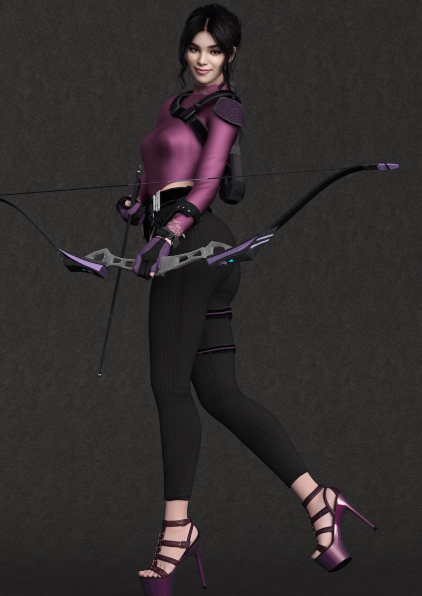 1girls 3d 3d_(artwork) agent_4_tea_se7en archery black_hair black_legwear black_pants bow_and_arrow female female_only gloves gray_background hailee_steinfeld hawkeye heels high_heels human kate_bishop leg_holster leggings leotard_under_clothes light-skinned_female light_skin marvel marvel_cinematic_universe marvel_comics pale-skinned_female pale_skin pink_leotard pink_topwear plain_background quiver render shoulder_armor shoulder_strap smile smiling solo superheroine thong_leotard yoga_pants