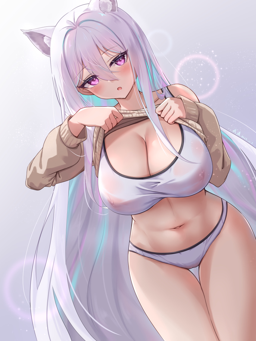 1girls :o azur_lane barely_visible_nipples belly blush cameltoe cat_ears cleavage cowboy_shot crop_top dated eagle_union_(azur_lane) female female_only huge_breasts kearsarge_(azur_lane) light-skinned_female light_skin nipples_visible_through_clothing off_shoulder pink_eyes qian_hen see-through see-through_clothing shirt_lift signature slender_waist solo sweater_lift thick_thighs tummy wide_hips