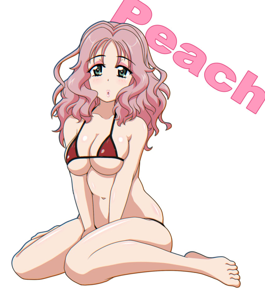 bikini blush breasts female girls_und_panzer gogopaint green_eyes large_breasts long_hair looking_at_viewer navel open_mouth peach_(girls_und_panzer) pink_hair red_bikini simple_background solo white_background