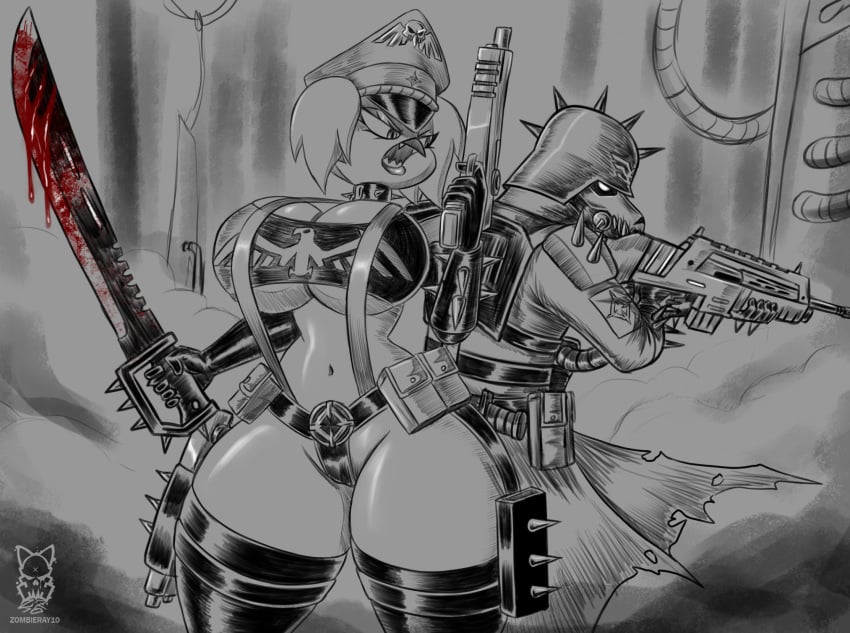 2023 5_fingers anthro armor astra_militarum avian bird blood blood_drip blood_on_sword bodily_fluids breasts cleavage clothed clothing collar death_korps_of_krieg duo elbow_gloves fan_character female fingers gas_mask glistening glistening_body gloves guardsman_(warhammer_40k) gun handgun handwear headgear helmet hi_res holding_gun holding_handgun holding_object holding_pistol holding_rifle holding_sword holding_weapon imperial_guard imperium_of_man ingrid_von_panzerfaust inquisition_(warhammer_40k) inquisitor inquisitor_(warhammer_40k) latex latex_gloves latex_thigh_highs male mask melee_weapon open_mouth pistol pouches ranged_weapon restricted_palette skimpy spiked_armor spiked_bracers spiked_collar spiked_helmet spikes standing sword thick_thighs under_boob warhammer_(franchise) warhammer_40k weapon wearing_hat wearing_helmet zombieray10