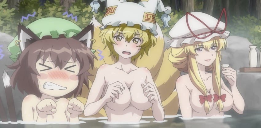 3girls blonde_hair blush blushing bow brown_hair cat_ears cat_tail chen concerned convenient_censoring cup drink earrings female female_only flat_chest fox_ears fox_tail hat hat_ribbon holding_cup holding_object hot_spring large_breasts light_skin long_hair lunamoon manpuku_jinja nude purple_eyes ran_yakumo red_bow short_hair smile smiling the_memories_of_phantasm touhou yellow_eyes yellow_hair yukari_yakumo