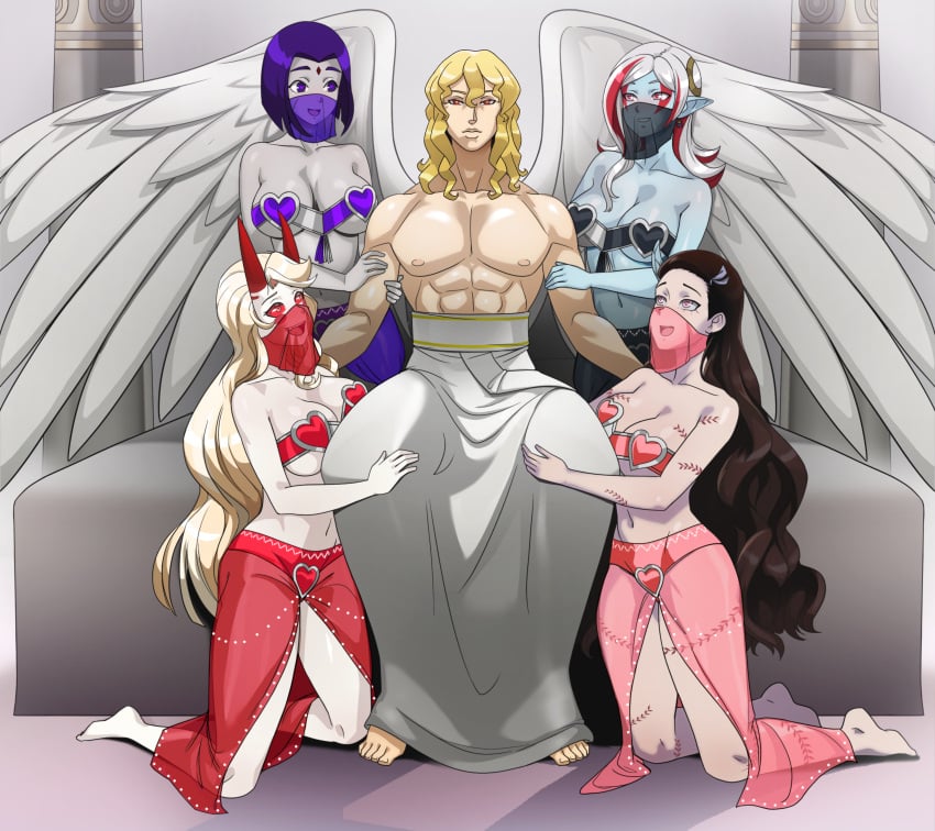 1boy 4girls abs aged_up androgynous androgynous_dom andromalius angel big_breasts blonde_hair blue_skin breasts brown_hair charlie_morningstar_(hazbin_hotel) crossover dc dc_comics demon demon_girl demon_slayer dragon_ball dragon_ball_xenoverse eastern_and_western_character feet female femsub grey_skin happy_trance harem harem_outfit hazbin_hotel heart heart_eyes horns kamado_nezuko kimetsu_no_yaiba large_breasts long_hair male maledom midriff multicolored_hair multiple_girls multiple_subs nezuko_kamado pink_eyes purple_eyes purple_hair raven_(dc) red_eyes red_hair shinzu031 short_hair smile solium_infernum story straight teen_titans towa veil white_hair wings