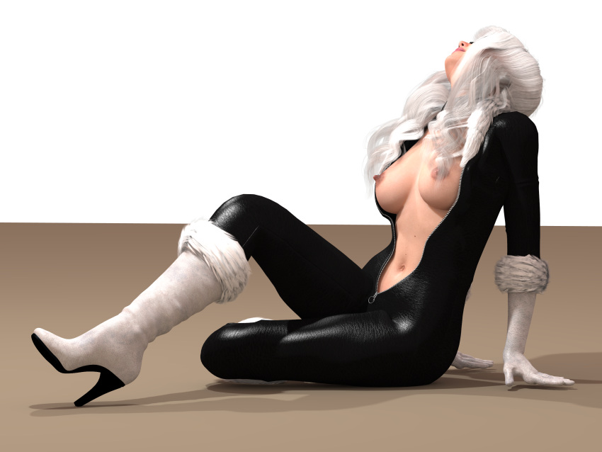 1girls 3d black_cat_(marvel) bodysuit breasts_out felicia_hardy gloves high_heel_boots horpheu marvel marvel_comics nipples_visible spider-man_(series) transparent_background unzipped unzipped_bodysuit white_gloves white_hair