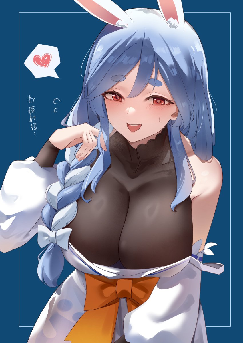 1girls animal_ears big_breasts blue_hair blush blushing bunny_ears bunny_girl busty clothed donggua_bing_cha fully_clothed hololive hololive_fantasy hololive_japan huge_breasts large_breasts light-skinned_female light_skin milf orange_fur pekomama rabbit_ears rabbit_girl smile smiling virtual_youtuber vtuber