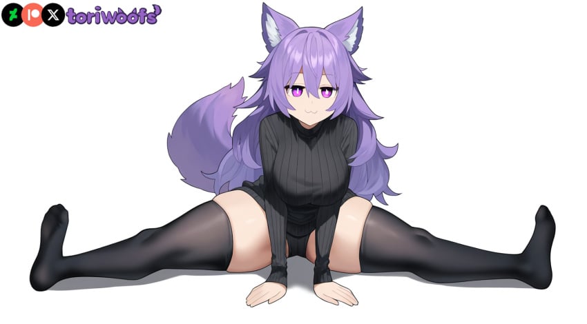 1girls :3 ai_generated big_breasts breasts curvy cute dog_ears dog_girl doggirl female female_focus female_only highres hips huge_boobs huge_breasts kemonomimi legs_apart light_skin light_skinned_female long_hair patreon_username petgirl petite purple_ears purple_eyes purple_hair purple_tail splits sweater thick_thighs thighs tori toriwoofs watermark wavy_hair white_background wide_hips wolf_ears