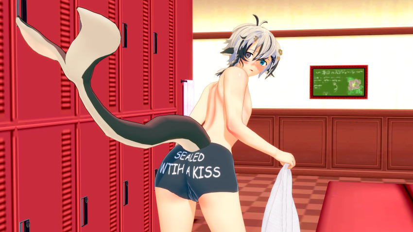 1boy ass blush braid changing femboy heterochromia indie_virtual_youtuber koikatsu locker_room male renhentai seal_boy seal_tail snuffy_(luciel) text_on_underwear underwear underwear_only virtual_youtuber vtuber