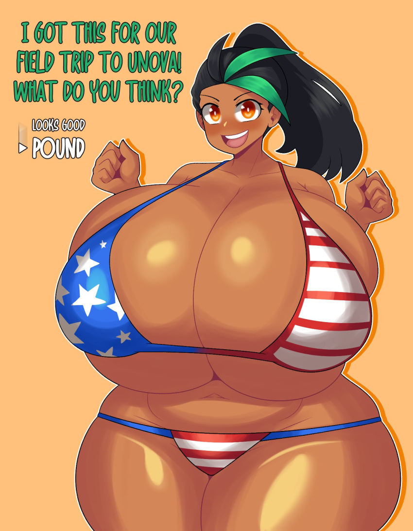 1girls absurd_res absurdres alternate_body_type alternate_breast_size american_flag american_flag_bikini big_breasts bikini black_hair breasts breasts_bigger_than_head busty choice creatures_(company) curvaceous curvy curvy_body curvy_female curvy_figure duskyer english english_text female game_freak green_hair huge_breasts large_breasts multicolored_hair nemona_(pokemon) nintendo orange_eyes plump plump_breasts plump_thighs pokemon pokemon_(game) pokemon_sv ponytail smile smiling smiling_at_viewer solo_female text thick_thighs thighs voluptuous wide_hips