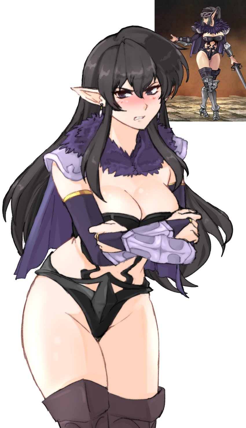 1girls absurdres alternate_costume angry armor ayra_(fire_emblem) black_eyes black_hair blush boots breasts bridal_gauntlets cape cleavage clenched_teeth cosplay covering_breasts covering_privates earrings elbow_gloves elf female female_only fire_emblem fire_emblem:_genealogy_of_the_holy_war fur_collar gloves highres jewelry large_breasts long_hair looking_at_viewer nintendo pauldrons pointy_ears revealing_clothes shoulder_armor teeth thighs tridisart unicorn_overlord