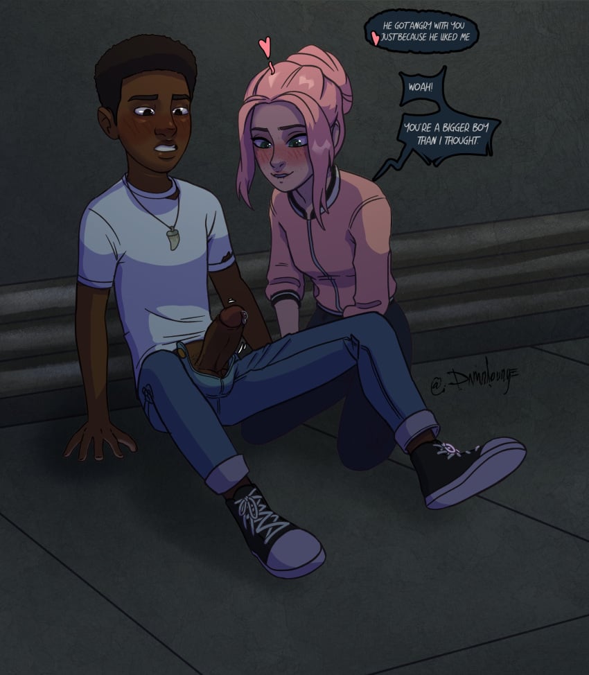 1boy biting_lip black_jeans blue_jeans blush brooklynn_(jurassic_world) closed_eyes clothed daminccubs darius_(jurassic_world) dark-skinned_male dick dyed_hair female footwear freckles green_eyes interracial jacket jeans jurassic_park jurassic_world jurassic_world_camp_cretaceous legwear light-skinned_female male night on_the_floor penis pink_clothing pink_hair pink_jacket pink_lips precum precum_bubble red_shirt sewer shoelaces signature sneakers t-shirt trembling_penis unzipped unzipped_pants white_shirt