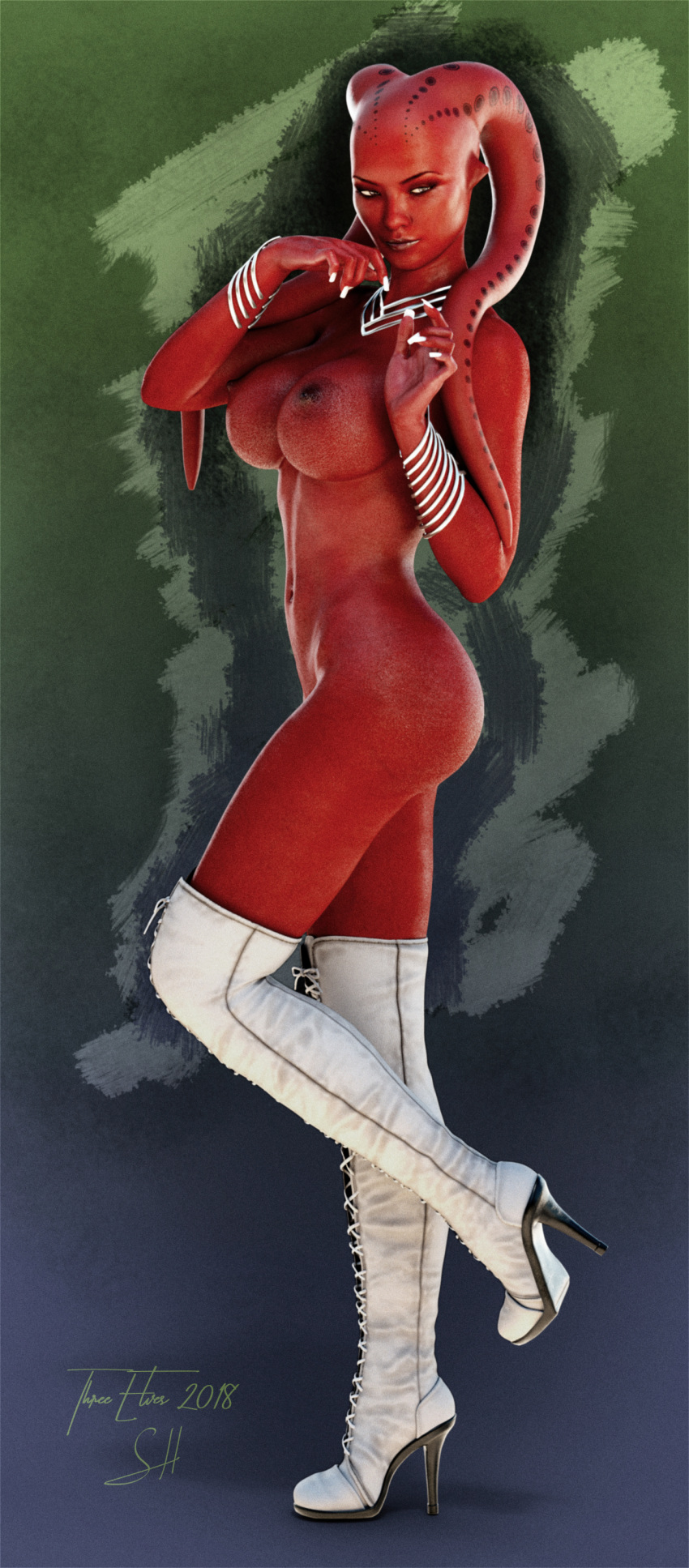 1girls 3d boots high_heel_boots nude nude_female red_skin red_skinned_female star_wars thigh_boots thighhigh_boots three_elves twi'lek white_boots