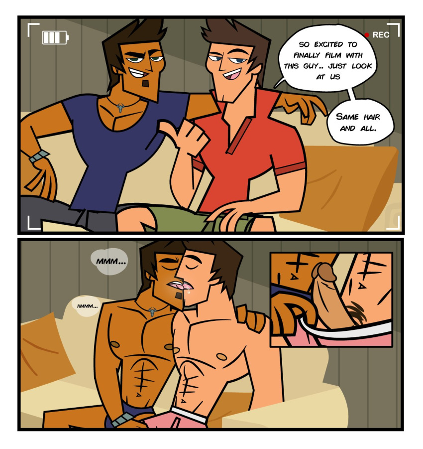 blue_clothing blue_eyes blue_underwear brady_(tdi) brown_hair gay green_eyes jose_burromuerto_(tdi) making_out male_only pink_underwear pubic_hair pulling_clothing red_clothing saliva tdda19 total_drama_island