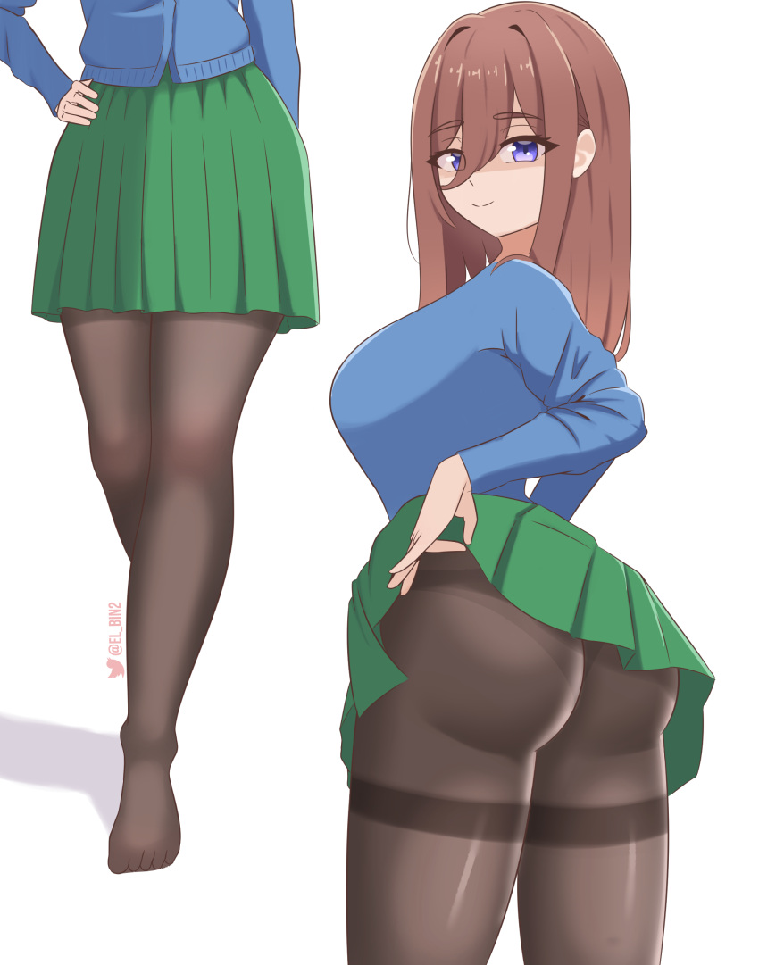 1girls big_ass blue_eyes brown_hair el_bin feet go-toubun_no_hanayome hair_between_eyes huge_breasts long_hair looking_at_viewer nakano_miku panties_visible_through_clothing pantyhose round_ass skirt skirt_lift thick_thighs thighs viewed_from_behind