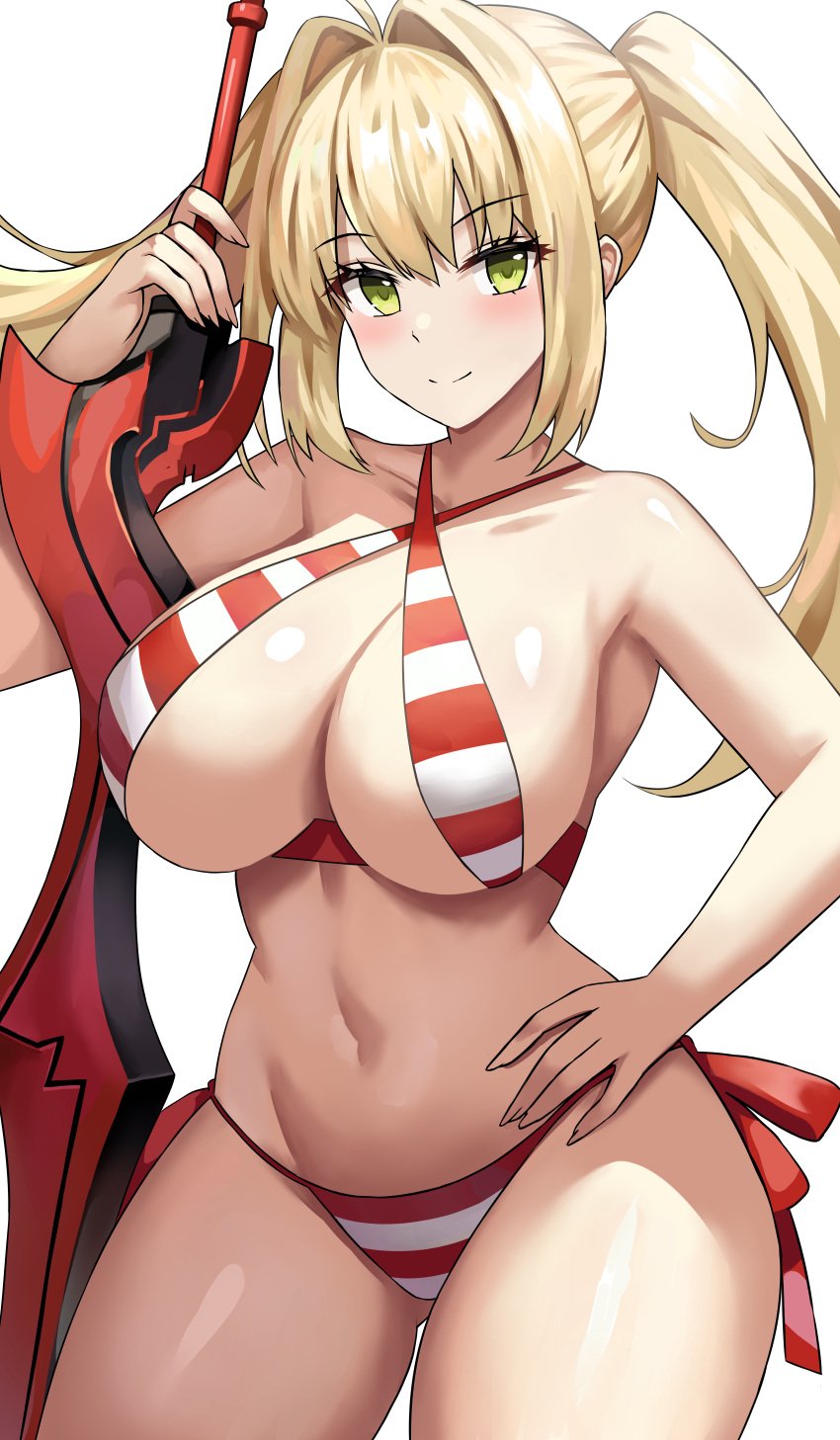 1girls bikini blonde_hair breasts fate/grand_order fate_(series) female green_eyes high_resolution hips huge_breasts jasony light-skinned_female light_skin long_hair nero_claudius_(fate) nero_claudius_(swimsuit_caster) striped_swimsuit thick_thighs thighs twintails wide_hips