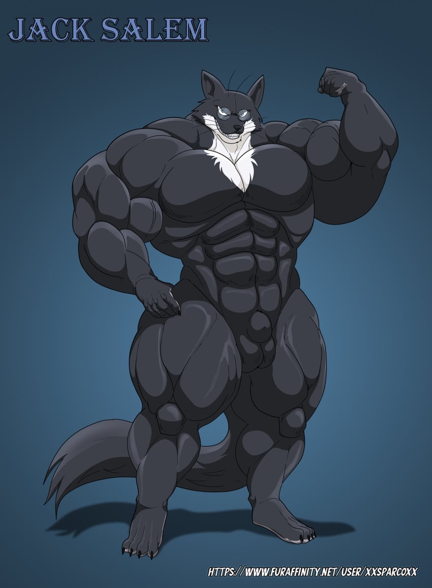 abs animal_genitalia anthro balls barazoku barefoot big_balls big_muscles black_body black_claws black_fur black_nose blue_background cheek_tuft claws countershade_neck countershading english_text evil_grin eyewear eyewear_only facial_tuft feet flaccid flexing fully_sheathed fur genitals glasses glasses_only gradient_background grin gulonine hi_res huge_muscles hyper hyper_muscles jack_salem long_tail looking_at_viewer male mammal manly marten multicolored_body multicolored_fur muscular muscular_anthro muscular_male mustelid musteline nude pecs penis pince-nez pose sable_(marten) sharp_teeth sheath signature simple_background smile solo standing tail teeth text toe_claws tuft two_tone_body two_tone_fur vein veiny_muscles wearing_glasses whiskers white_body white_fur xxsparcoxx