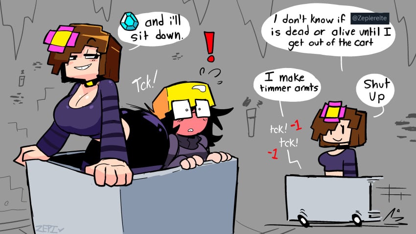 2girls asphyxiation big_ass big_breasts blush butt_bump diamond dominant_female facesitting health_points helmet humor imminent_facesitting jenny_belle_(slipperyt) knowing_look mean meme minecart minecraft opis sitting sitting_on_face sitting_on_person smug submissive_female suffocation zepiereite