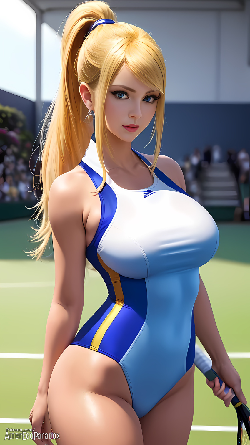 ai_generated alteregoparadox big_breasts bimbo blonde_hair blue_eyes curvy earrings female female_focus female_only looking_at_viewer samus_aran tennis thick_thighs uniform voluptuous voluptuous_female