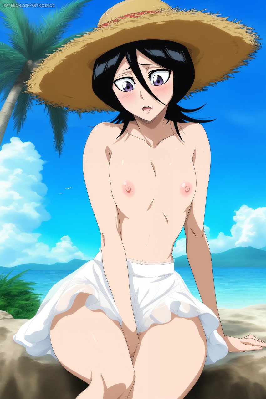 1girls ai_generated artist_name artkoikoi ashamed beach black_hair bleach bleach:_the_thousand-year_blood_war breasts cleavage commentary covering covering_crotch covering_pussy covering_self embarrassed female female_focus flat_chest hand_between_legs hat headwear koikoi kuchiki_rukia kuchiki_rukia light-skinned_female light_skin long_hair nai_diffusion nipples outdoors patreon_username petite petite_body petite_female pettanko seaside short short_female shoulder_length_hair sitting skirt skirt_only small_breasts smaller_female solo stable_diffusion straw_hat summer_hat text topless topless_female url watermark web_address