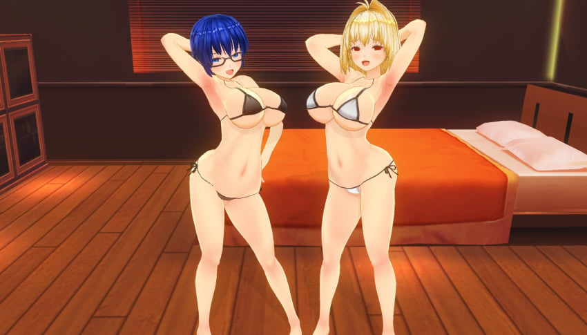 2girls 3d 3d_(artwork) 3d_artwork 3d_model ahoge alternate_breast_size alternate_version_available arched_back arcueid_brunestud armpits arms_behind_back bedroom_eyes big_breasts bikini bikini_bottom bikini_top blonde_hair blue_hair bra breasts_bigger_than_head ciel_(tsukihime) curvy custom_maid_3d_2 female_pervert glasses hands_behind_head hips horny horny_female huge_boobs huge_breasts human inviting inviting_to_sex large_boobs large_breasts melty_blood panties posing red_eyes seducing seducing_viewer sequence short_hair skimpy_bikini swimsuit top_heavy tsukihime type-moon vampire vampire_girl wide wide_hips