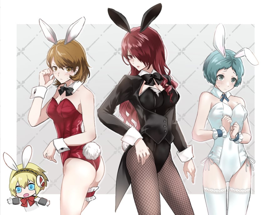 4girls aegis_(persona) aigis_(persona) alternate_costume android animal_ears aqua_eyes aqua_hair ass bare_shoulders black_bow black_bowtie black_leotard blonde_hair blue_eyes blush bow bowtie breasts brown_eyes brown_hair bunny_ears bunnysuit chibi chibi_inset cleavage closed_mouth commentary_request cowboy_shot detached_collar earrings embarrassed fake_animal_ears fake_tail fishnet_pantyhose fishnets frilled_straps fuuka_yamagishi hair_over_one_eye jewelry leotard long_hair long_sleeves looking_at_viewer medium_breasts mitsuru_kirijo multiple_girls pantyhose pearl_earrings persona persona_3 persona_3_reload playboy_bunny rabbit_ears rabbit_tail red_bow red_bowtie red_eyes red_hair red_leotard robot_ears short_hair strapless strapless_leotard stud_earrings sweatdrop tail thigh_strap thighhighs white_leotard white_thighhighs wrist_cuffs yamagishi_fuuka yukari_takeba