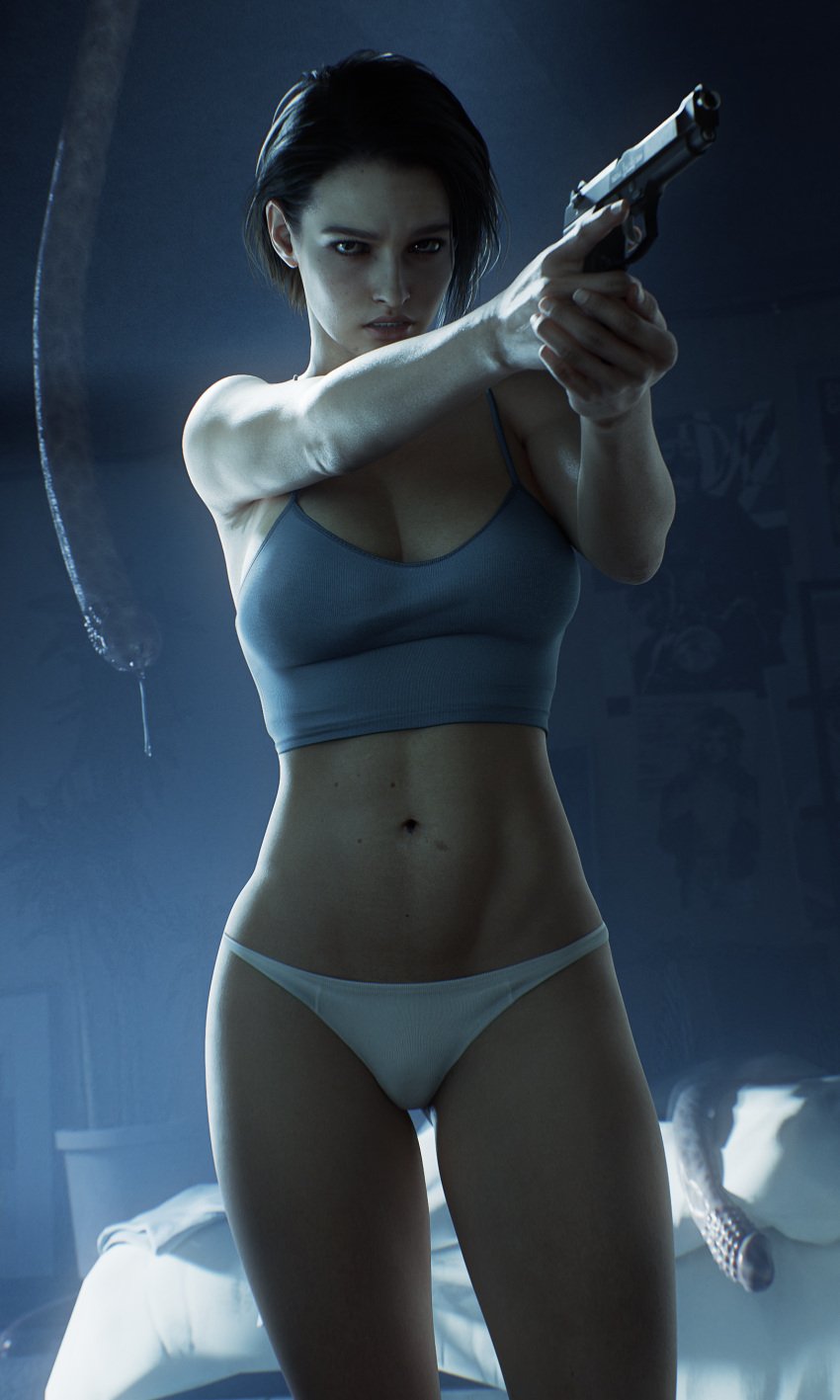 1girls 3d blender bra breasts cleavage female female_only fugtrup imminent_sex jill_valentine jill_valentine_(sasha_zotova) light-skinned_female panties resident_evil resident_evil_3 resident_evil_3_remake solo sports_bra tentacle