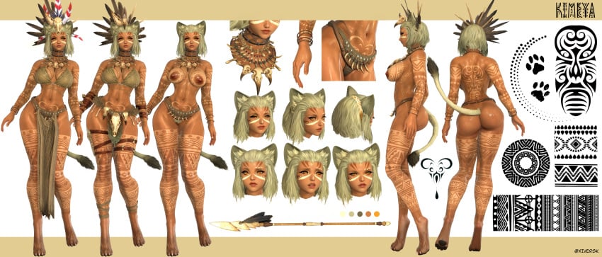 abs almost_naked alternate_costume alternate_outfit amazon amazonian animal_tail bare_legs belt bird_skull bodypaint bone_hair_ornament bone_jewelry bone_necklace bracelet bracelets breasts brown_body brown_skin cat_ears cat_eyes catgirl cavewoman character_sheet dark-skinned_female dark_areola dark_nipples dark_skin expressions facepaint facial_markings feather_crown feather_hair_ornament feather_ornament feline feline_humanoid female female_focus fertility_symbol final_fantasy_xiv gpose(ffxiv) huntress kemono kemonomimi kimeya lion_ears lion_tail loincloth miqo'te necklace nipples oc orange_eyes partially_clothed patterns paws pubic_tattoo reference_image reference_sheet short_hair spear tanned tanned_female tanned_skin tribal tribal_markings tribal_outfit tribal_paint tribal_tattoo wet_skin white_hair wide_hips xiversk yellow_eyes