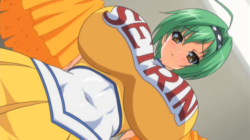 1girls aiba_matsuri big_breasts bishop_(company) breasts female green_hair hazel_eyes huge_breasts large_breasts nihikime_no_dozeu nihikime_no_dozeu_(company) oppai_heart_~kanojo_wa_kedamono_hatsujouki!?~ screenshot short_hair