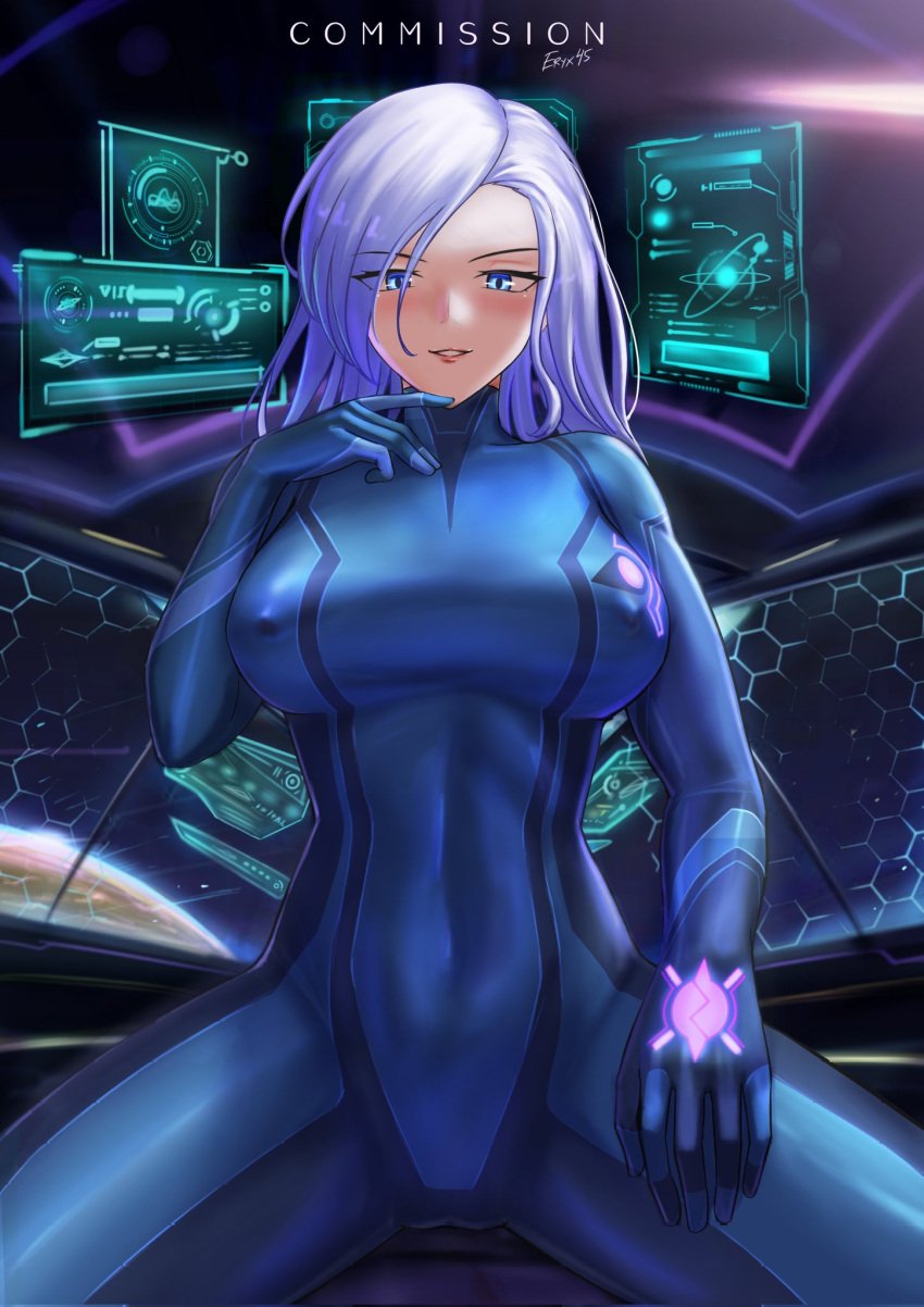 1girls blue_eyes crossover_cosplay eryx45 metroid pokies rwby white_hair winter_schnee zero_suit zero_suit_samus_(cosplay)