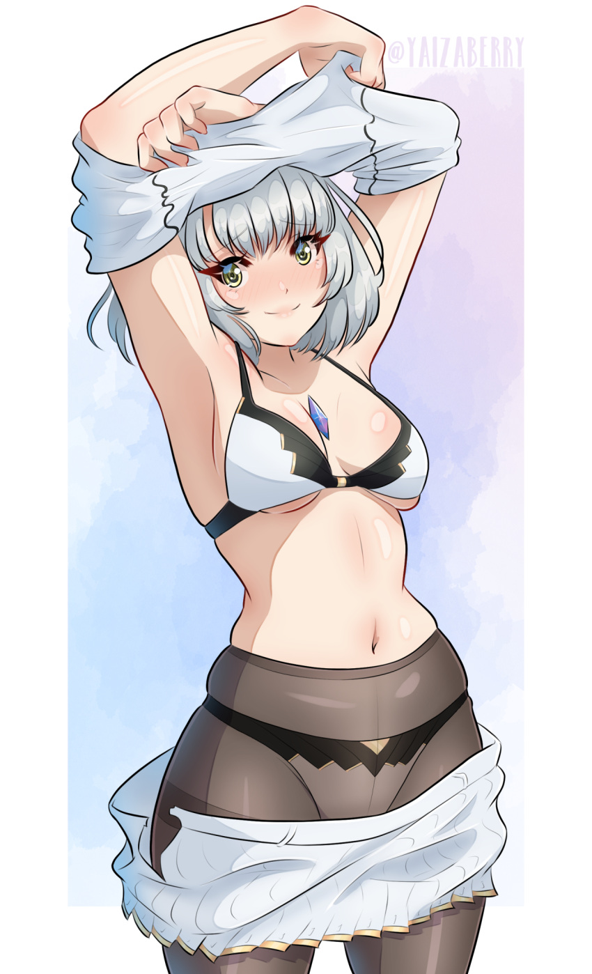 1girls armpits arms_up black_bra black_legwear bra cat_ears core_crystal highres legwear midriff mio_(xenoblade) navel panties shirt_lift skirt skirt_removed tank_top undressing white_skirt white_top xenoblade_(series) xenoblade_chronicles_3 yaizaberry yellow_eyes