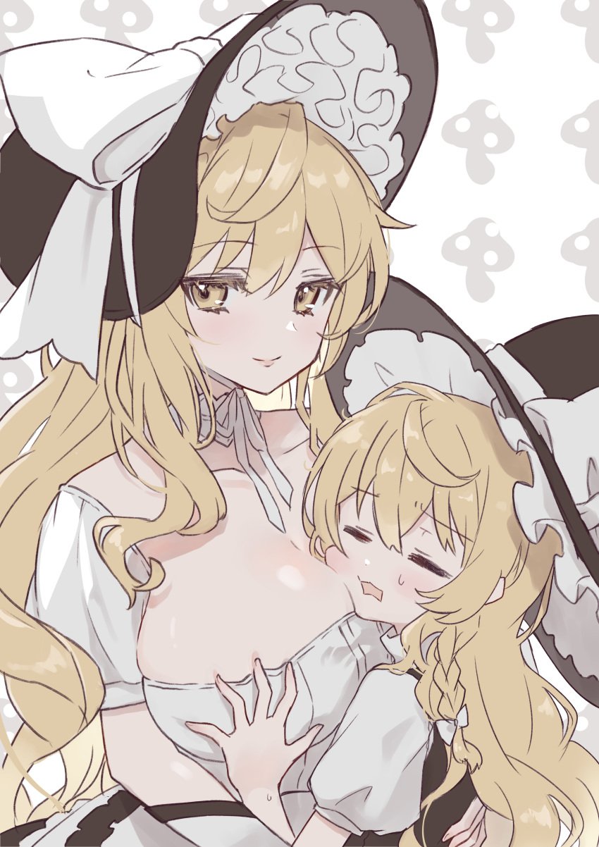 2girls :3 absurdres aged_up ahase_hino black_hat black_vest blonde_hair bonnet bow braid breasts cleavage closed_eyes closed_mouth collarbone commentary_request dress food_print grabbing grabbing_another's_breast hairbow hand_on_another's_back hat hat_bow highres invincible_marisa kirisame_marisa large_breasts light_smile long_hair looking_at_viewer marisa_kirisame mature_female multiple_girls mushroom mushroom_print new_super_marisa_land older_female open_mouth self_fondle selfcest shirt short_sleeves sidelocks simple_background single_braid sitting sitting_on_lap sitting_on_person skindentation sweatdrop time_paradox touhou upper_body vest white_background white_bow white_dress white_shirt witch_hat yellow_eyes yuri