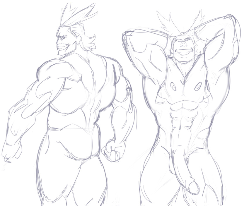 all_might balls boner daichi_akimichi erection hands_behind_head male male_only monochrome muscles muscular my_hero_academia nude penis solo solo_male toshinori_yagi