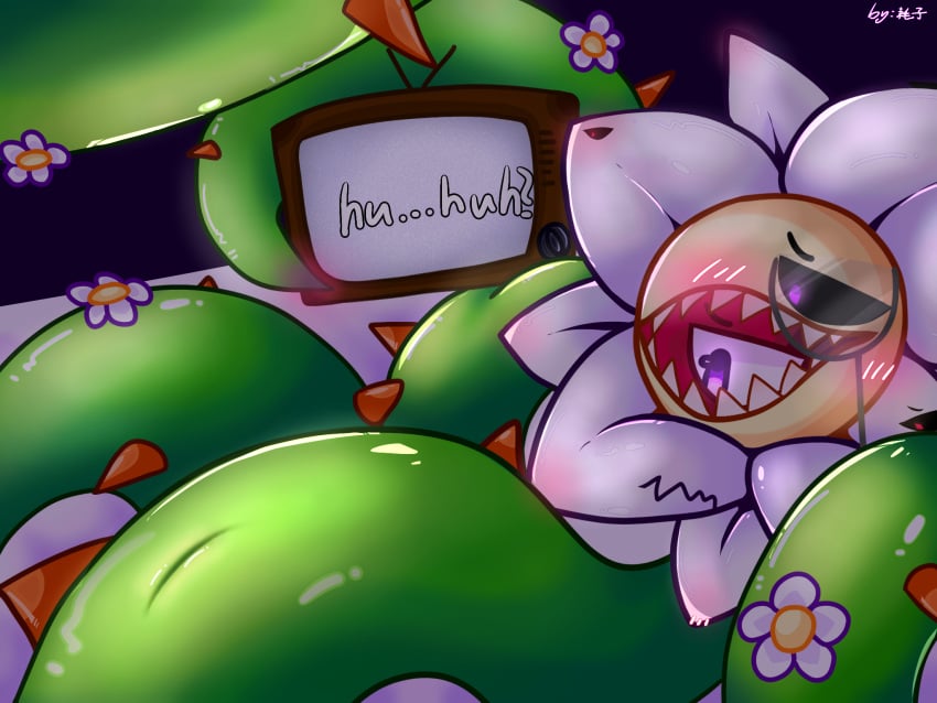 anthro bed blush digital_media_(artwork) electronics eyewear eyewear_only female flower furniture genitals glasses glasses_only hi_res not_furry nude on_bed open_mouth parasit_(venom_melon) plant pussy sex solo television text venom_melon vines wearing_glasses white_flower