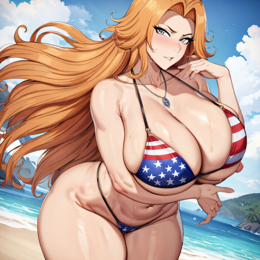 1girls ai_generated alternate_breast_size american_flag_bikini big_breasts bikini bleach bostin breasts busty curvaceous curvy curvy_body curvy_female curvy_figure female huge_breasts large_breasts matsumoto_rangiku mommy nipples sweat sweating sweaty sweaty_body sweaty_breasts thick_thighs thighs venus_body voluptuous