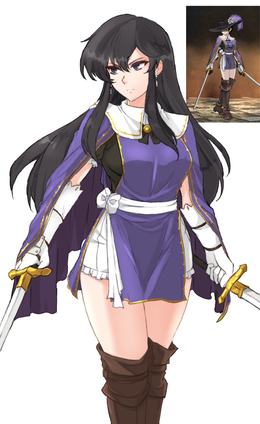 1girls absurdres ayra_(fire_emblem) belt black_eyes black_hair boots breasts cosplay dual_wielding earrings elbow_gloves female female female_only fire_emblem fire_emblem:_genealogy_of_the_holy_war gloves highres holding holding_sword holding_weapon jewelry long_hair medium_breasts nintendo side_slit solo sword thigh_boots tridisart unicorn_overlord weapon