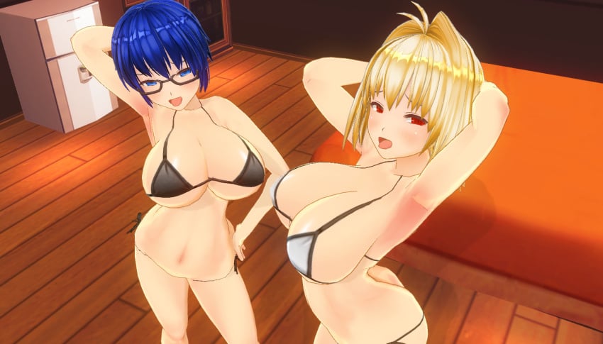 2girls 3d 3d_(artwork) 3d_artwork 3d_model ahoge alternate_breast_size alternate_version_available arched_back arcueid_brunestud armpits arms_behind_back bedroom_eyes big_breasts bikini bikini_bottom bikini_top blonde_hair blue_hair bra breasts_bigger_than_head ciel_(tsukihime) curvy custom_maid_3d_2 female_pervert glasses hands_behind_head hips horny horny_female huge_boobs huge_breasts human inviting inviting_to_sex large_boobs large_breasts melty_blood panties posing red_eyes seducing seducing_viewer sequence short_hair skimpy_bikini swimsuit top_heavy tsukihime type-moon vampire vampire_girl wide wide_hips